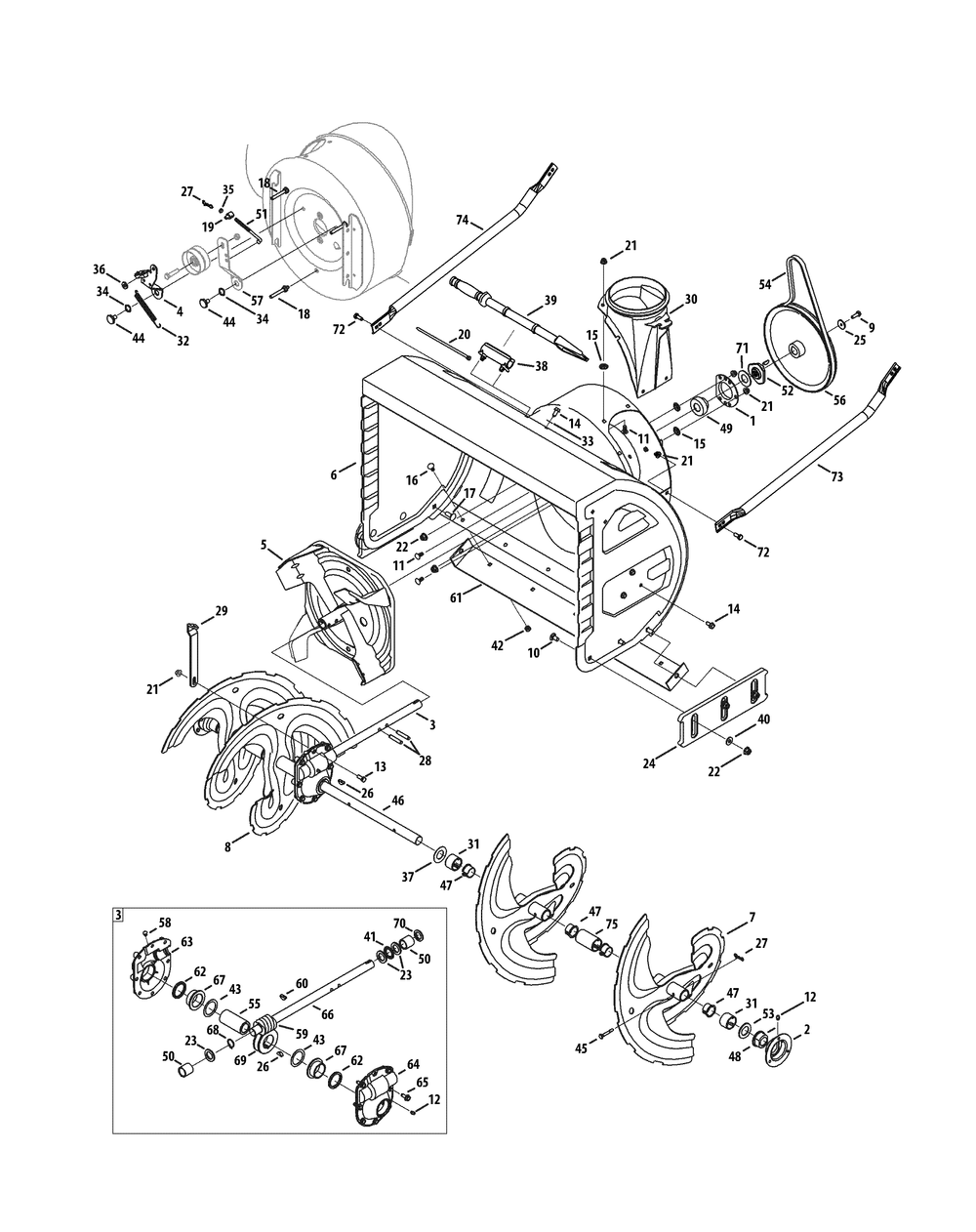 Augers, Housing And Gearbox Diagram and Parts List for 2X933SWE (31BH95SV710-31BH95SV756)(2015) Cub Cadet Snow Blower